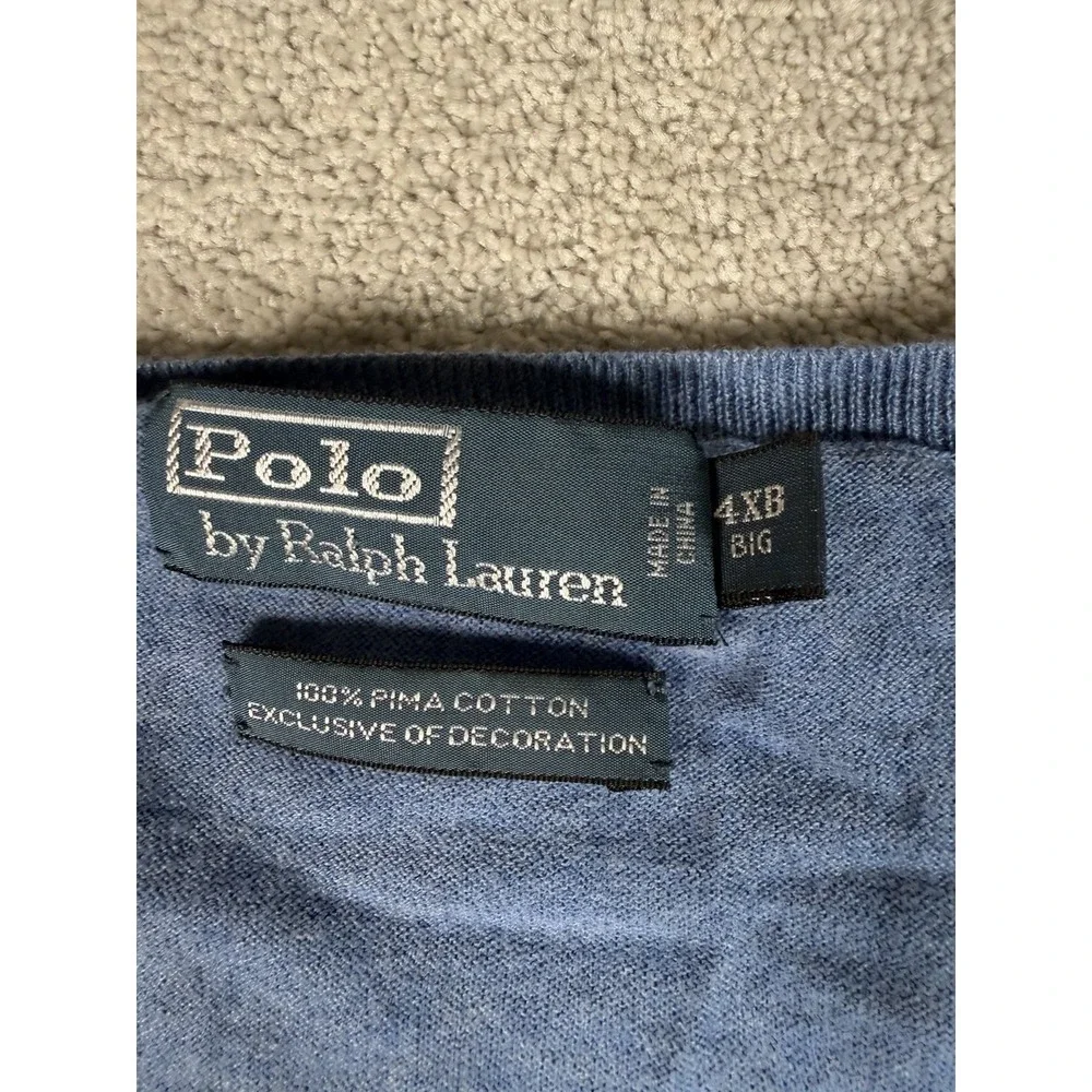 Polo‎ Ralph Lauren Vintage Men's Blue Pima Cotton V Neck Sweater 4XB Pony Preppy